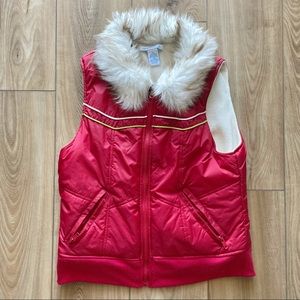 Fur Collared Red Zip Up Ski Jacket w/ Ivory Fleece Lining